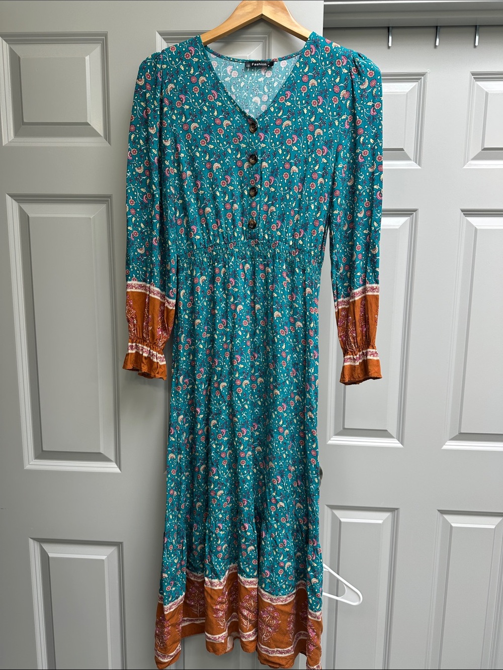 Teal Floral Long-Sleeve Midi Dress with Rust Accent